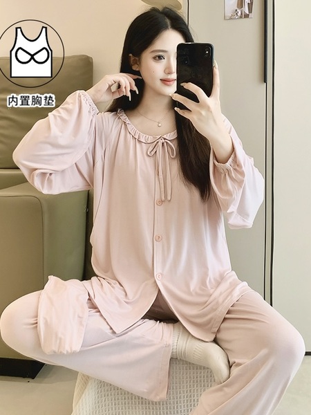 莫代尔带胸垫月子服夏季薄款5月份6产后产妇哺乳期孕妇睡衣春夏款