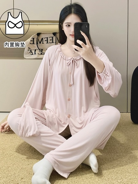 莫代尔带胸垫月子服夏季薄款5月份6产后产妇哺乳期孕妇睡衣春夏款 — 4