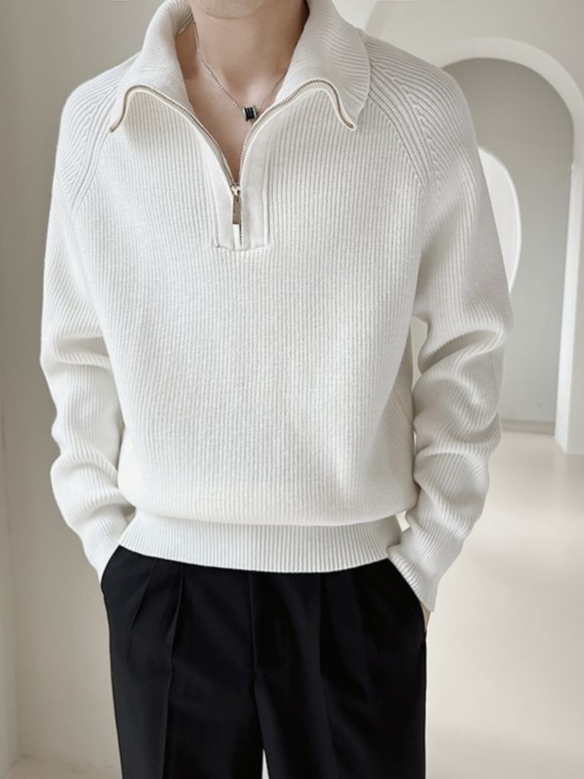 MENS HIGH-END SWEATER HEAVY AUTUMN WINTER 2023 NEW WINTER HALF ZIP BASE LAYER STAND UP COLLAR KNIT