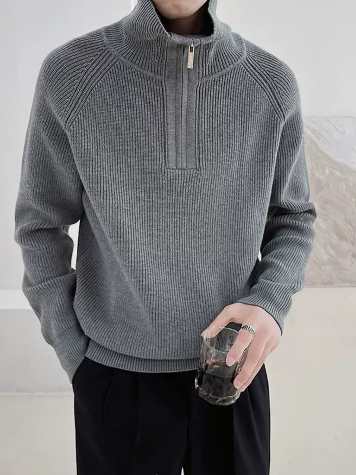 MENS HIGH-END SWEATER HEAVY AUTUMN WINTER 2023 NEW WINTER HALF ZIP BASE LAYER STAND UP COLLAR KNIT