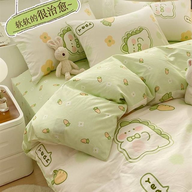 Small and fresh pure cotton bed four-piece set q full cotton cartoon bed sheet quilt cover student dormitory single bed quilt cover three pieces