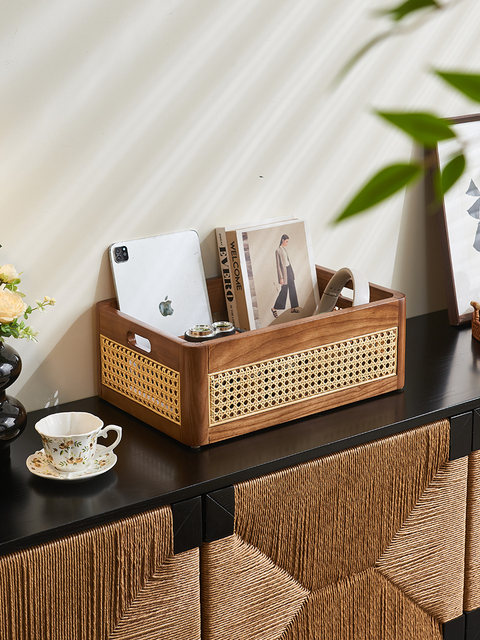 Solid wood rattan storage basket Japanese simple large-size office miscellaneous toys clothing and food storage box