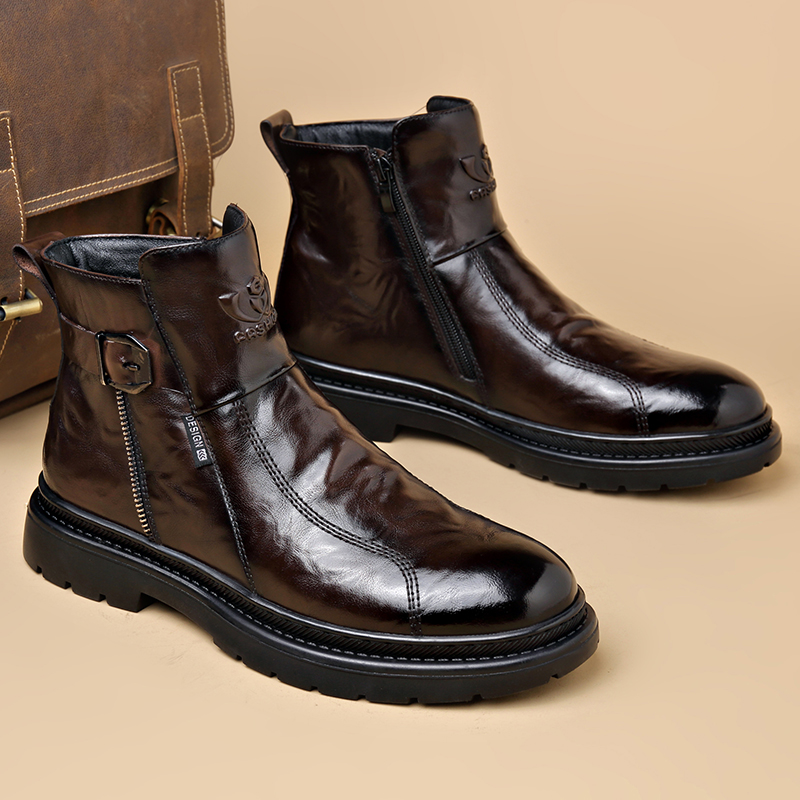 GENUINE LEATHER MARTIN BOOTS MENS WINTER NEW FLEECE WARM COWHIDE BREATHABLE MID-TOP BOOTS MENS FASHION LEATHER BOOTS MEN