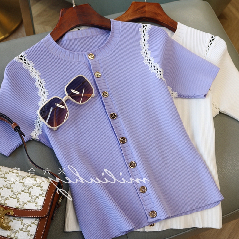 FRENCH PURPLE CUT-OUT STITCHING KNITTED SHORT SLEEVE T-SHIRT WOMENS SUMMER PREMIUM TOP 2024 NEW DESIGN SENSE IS NICHE