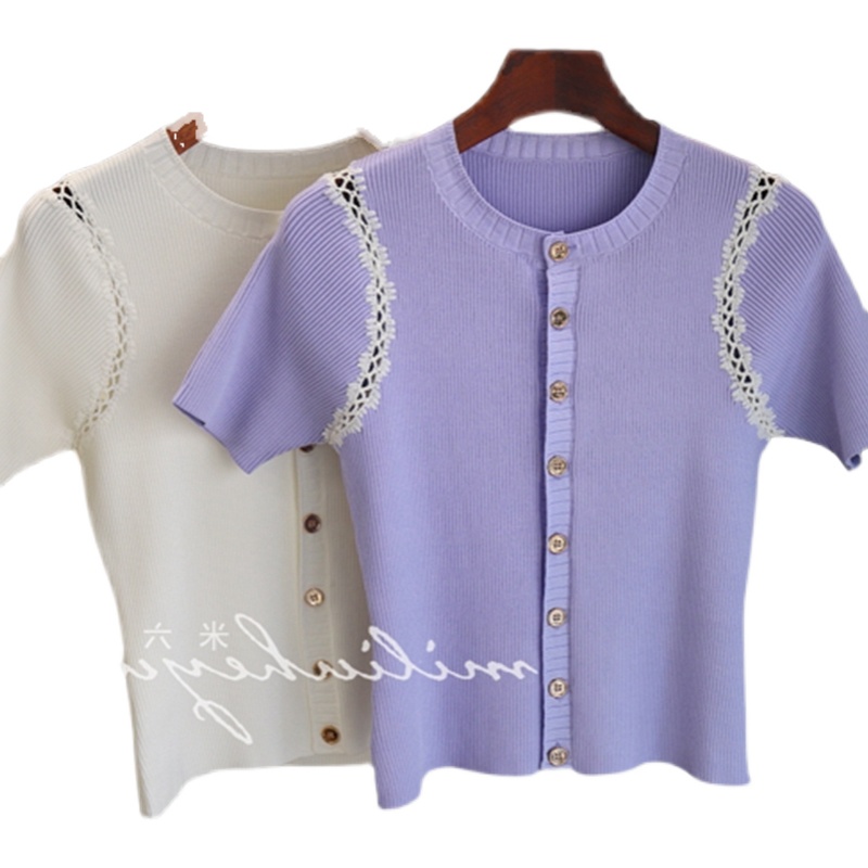 FRENCH PURPLE CUT-OUT STITCHING KNITTED SHORT SLEEVE T-SHIRT WOMENS SUMMER PREMIUM TOP 2024 NEW DESIGN SENSE IS NICHE