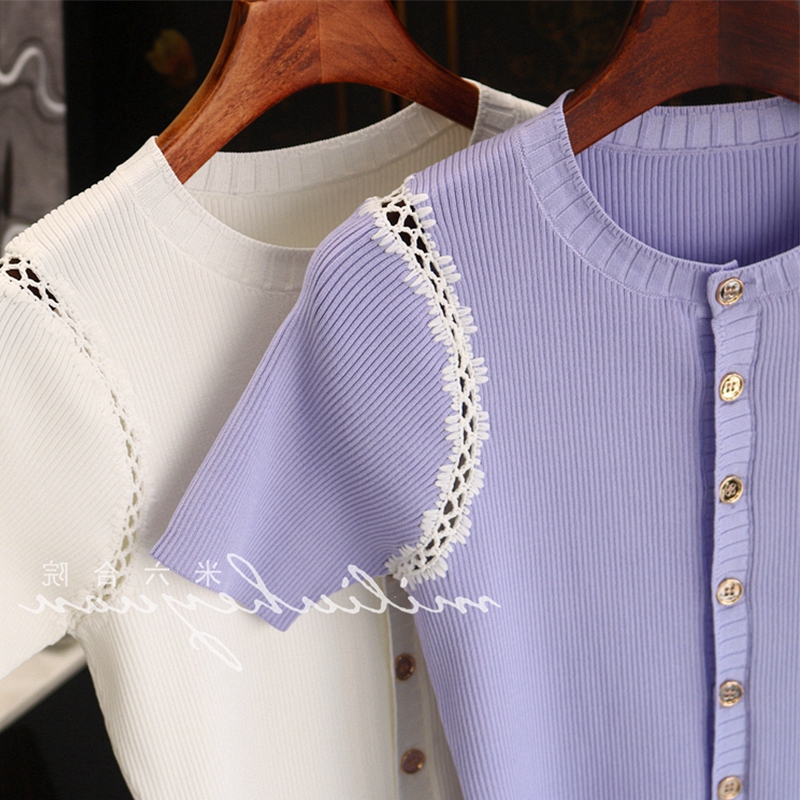 FRENCH PURPLE CUT-OUT STITCHING KNITTED SHORT SLEEVE T-SHIRT WOMENS SUMMER PREMIUM TOP 2024 NEW DESIGN SENSE IS NICHE