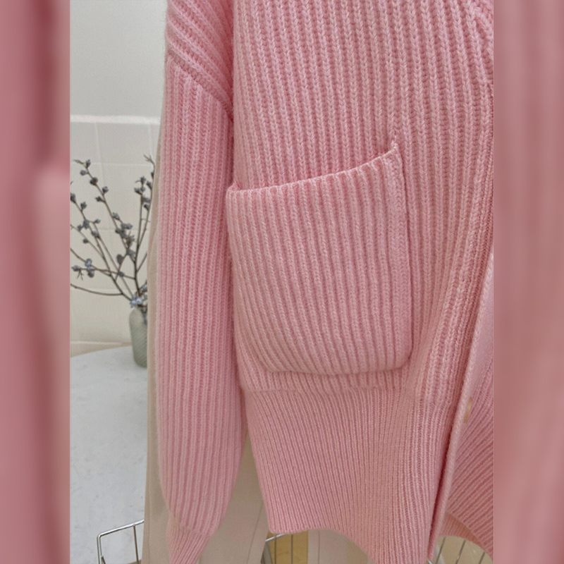 PINK V-NECK HOODED SWEATER JACKET WOMENS AUTUMN AND WINTER ADVANCED SENSE LAZY WIND SOFT GLUTINOUS MILK WHIRRING KNITTED CARDIGAN TOP