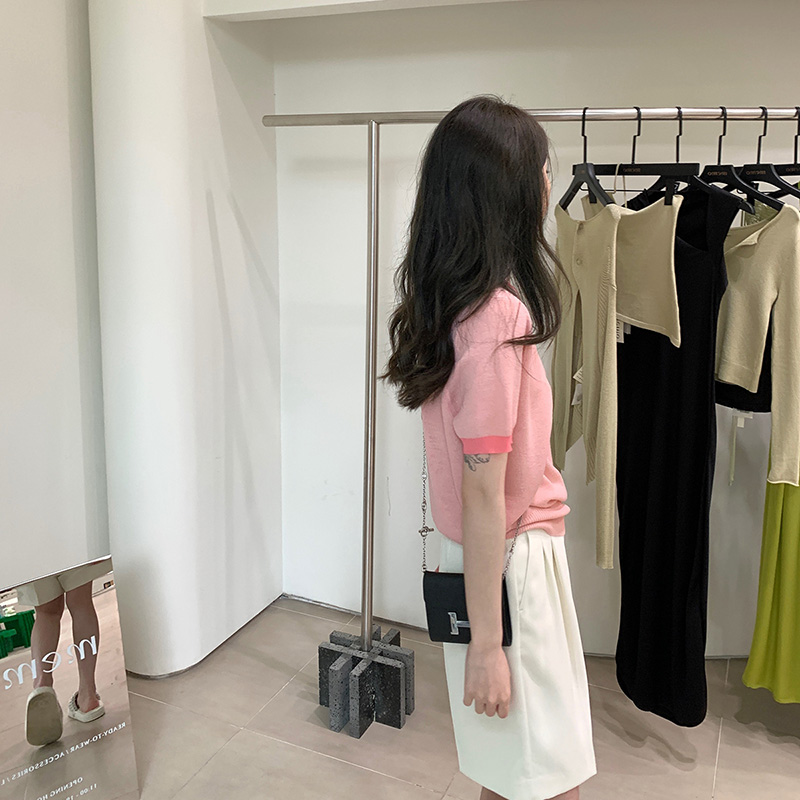 2024 NEW CONTRASTING CREW NECK TOP PINK SHORT SLEEVE ICE SILK KNIT T-SHIRT WOMENS SUMMER THIN DESIGN SENSE NICHE