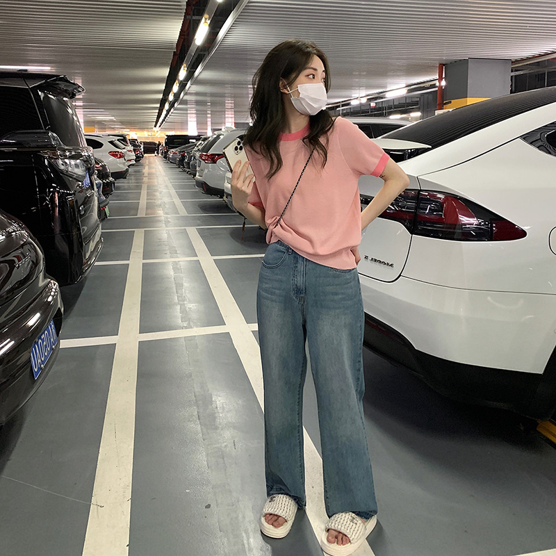 2024 NEW CONTRASTING CREW NECK TOP PINK SHORT SLEEVE ICE SILK KNIT T-SHIRT WOMENS SUMMER THIN DESIGN SENSE NICHE