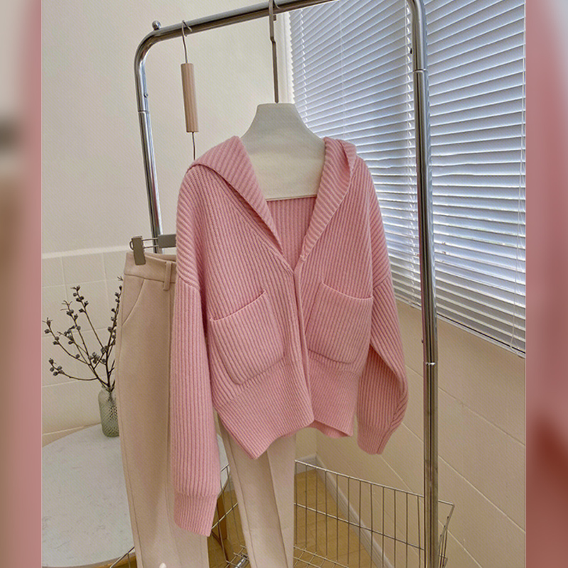 PINK V-NECK HOODED SWEATER JACKET WOMENS AUTUMN AND WINTER ADVANCED SENSE LAZY WIND SOFT GLUTINOUS MILK WHIRRING KNITTED CARDIGAN TOP
