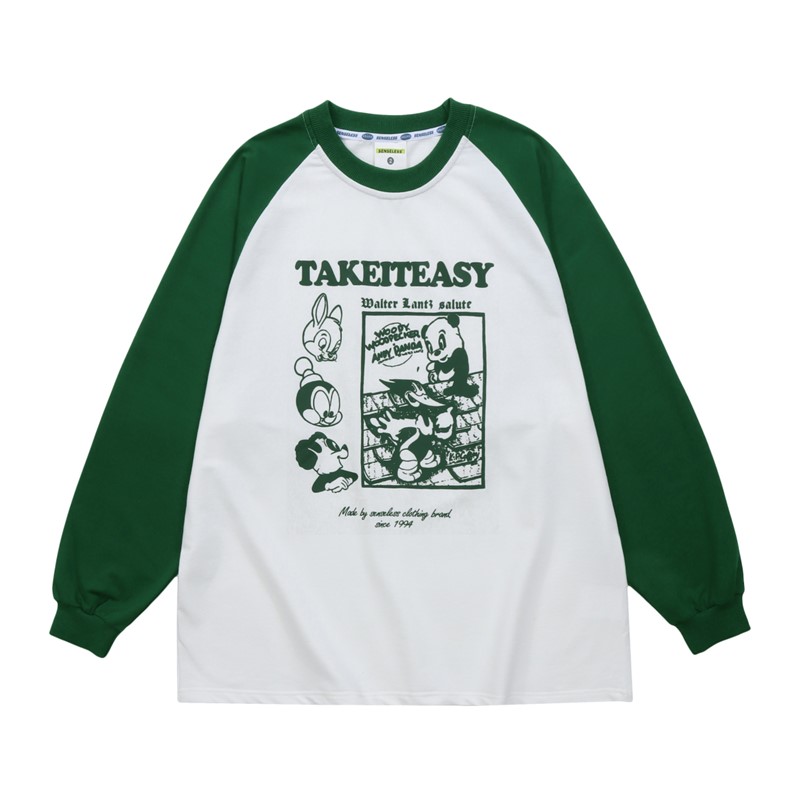 [LOOKING FOR HUMANS] 2024 AMERICAN CLASSIC FUN CARTOON PRINT CASUAL LOOSE COUPLE RUBBING ROUND NECK