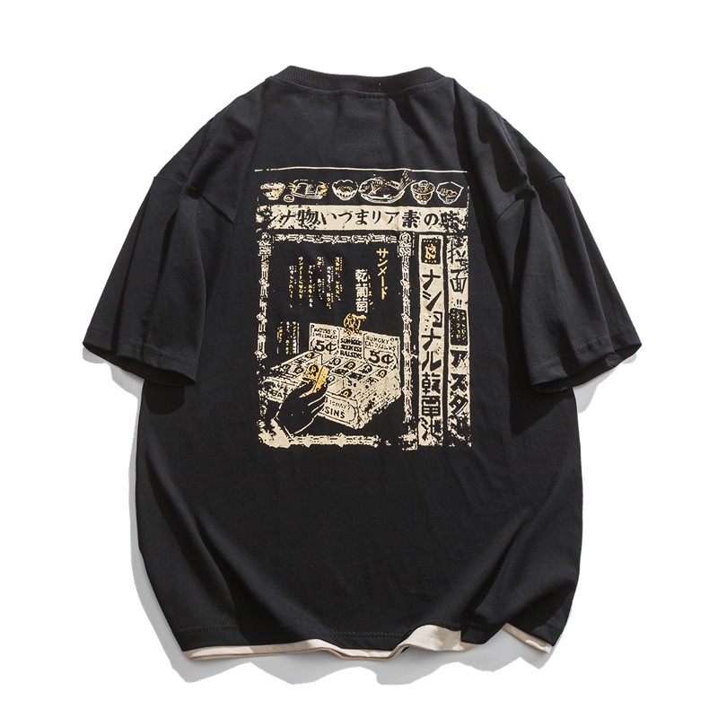 [LOOKING FOR HUMANS] 2024 COUPLE CREATIVE FAKE TWO-PIECE DESIGN JAPANESE LOOSE AND VERSATILE SHORT SLEEVES SUPER COMFORTABLE