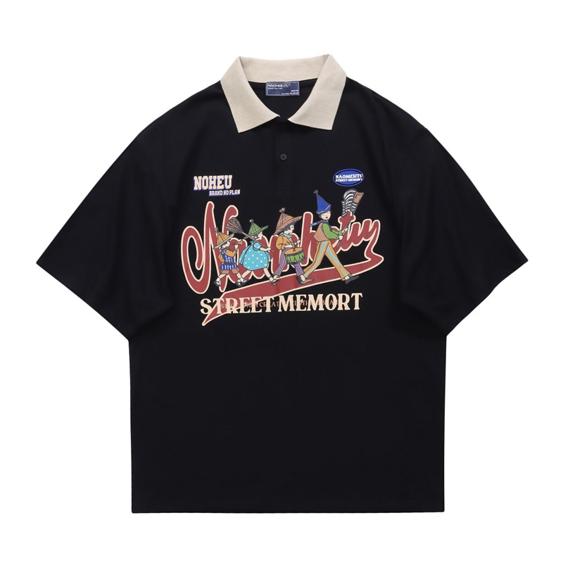 [LOOKING FOR HUMANS] COUNTRYSIDE TRIP 2024 COUPLE LAPEL CARTOON PRINT FASHION CASUAL POLO SHORT SLEEVE