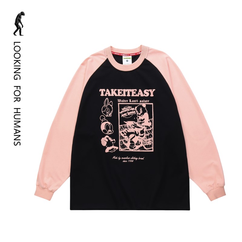 [LOOKING FOR HUMANS] 2024 AMERICAN CLASSIC FUN CARTOON PRINT CASUAL LOOSE COUPLE RUBBING ROUND NECK