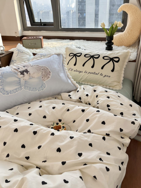 Moonlight Bus Sweet and Cool Love Quilt Cover Pure Cotton Bed Four-Piece Set Hair Ball Pillow Cover Full Cotton Bed Sheet Three-Piece Set