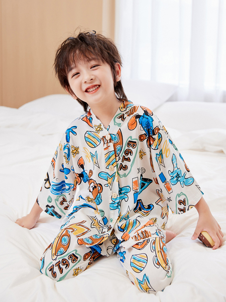 夏季薄款儿童棉绸睡衣七分袖家居服套装简约宝宝男童女童中大童 — 4