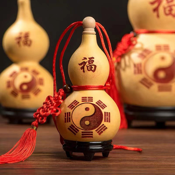 客厅阳台葫芦挂件摆件八卦木塞开口空心雕刻龙头真葫芦中国结小号