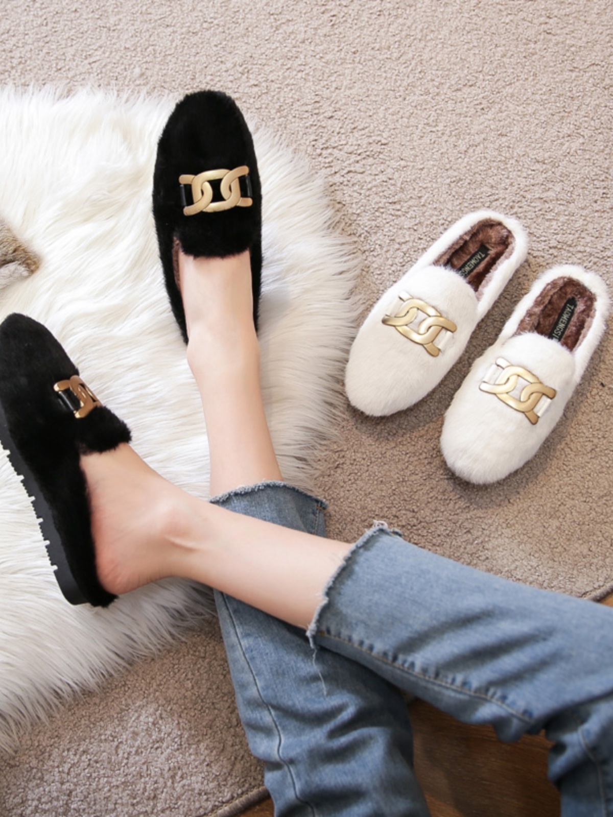 밀라노 스튜디오 두꺼운 밑창 흰색 모피 슬리퍼 여성 가을 겨울 겉옷 플러시 코튼 신발