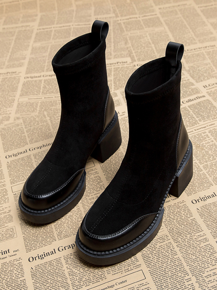 밀란 스튜디오 단통 여성 2024 가을 겨울 새로운 스타일 중형 굽 두꺼운 굽 둥근 발가락 싱글 인터넷 연예인 얇은 여성