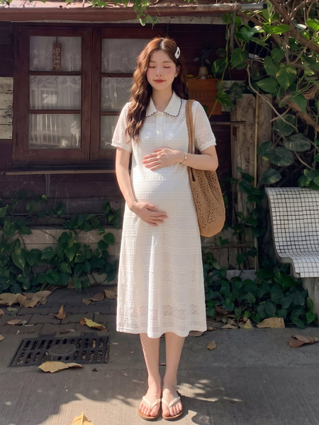孕妇装女夏连衣裙2026新款法式宽松遮肚花边polo领长裙夏季孕妇裙 — 2