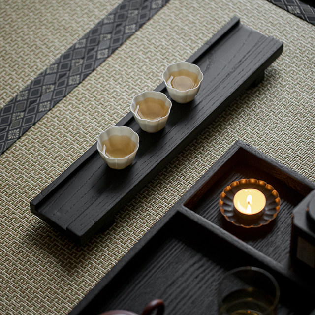 Grass and Wood Temple, Ash charcoal-burned rectangular cup holder, Tea cup drain rack, Tea set storage display rack, Wasabi solid wood