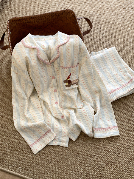 带胸垫月子服春秋季纯棉双层纱布吸汗孕妇产妇哺乳睡衣产后喂奶衣