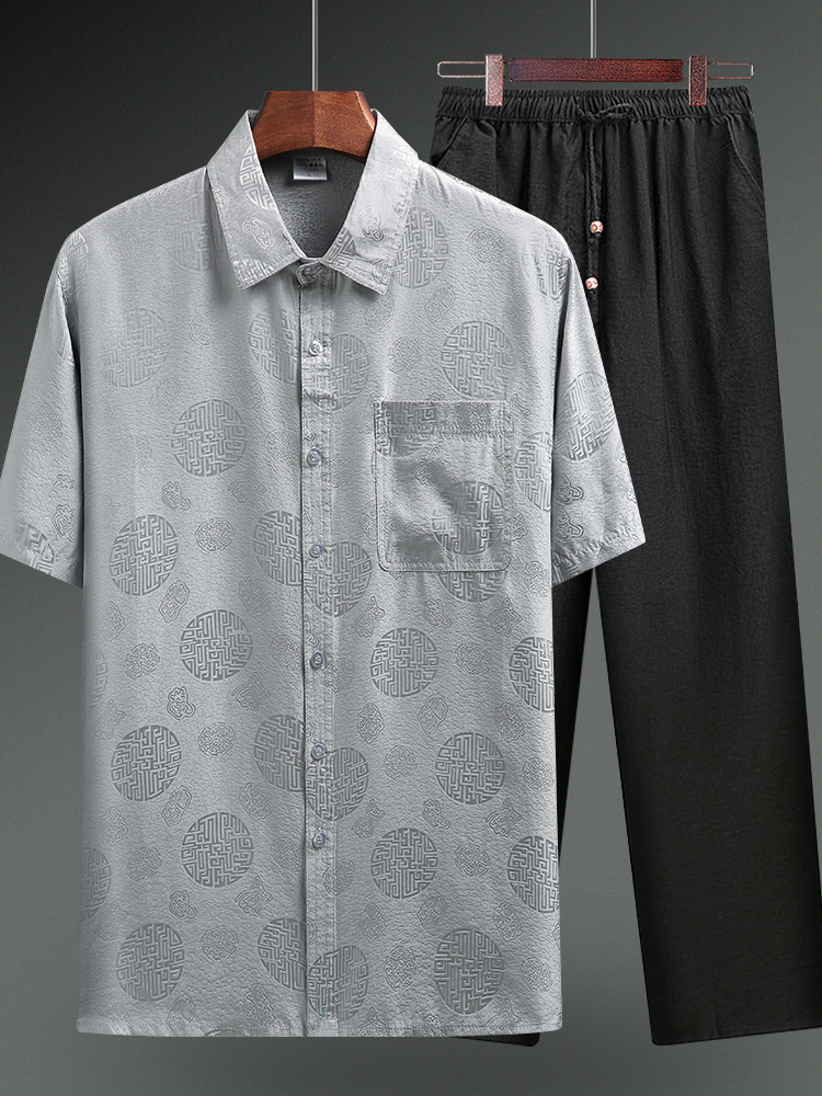 MULBERRY SILK TANG COSTUME MALE SILK MIDDLE-AGED AND ELDERLY SUMMER CLOTHES GRANDFATHER OLD MAN BIRTHDAY CLOTHES DAD SHORT-SLEEVED SHIRT