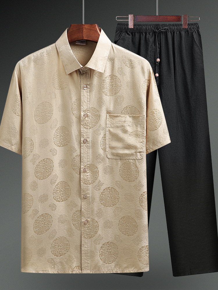 MULBERRY SILK TANG COSTUME MALE SILK MIDDLE-AGED AND ELDERLY SUMMER CLOTHES GRANDFATHER OLD MAN BIRTHDAY CLOTHES DAD SHORT-SLEEVED SHIRT