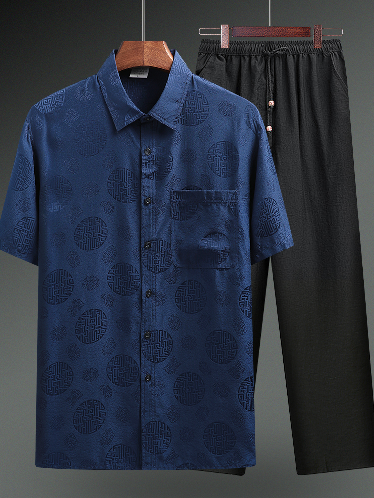 MULBERRY SILK TANG COSTUME MALE SILK MIDDLE-AGED AND ELDERLY SUMMER CLOTHES GRANDFATHER OLD MAN BIRTHDAY CLOTHES DAD SHORT-SLEEVED SHIRT