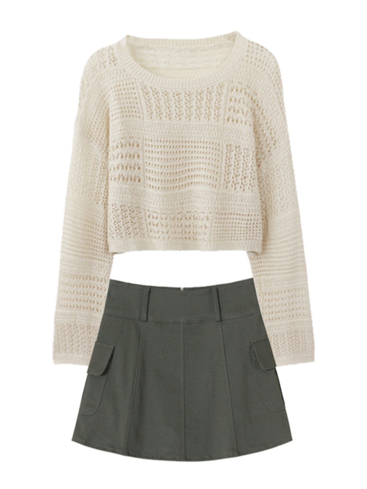 BRAND CLEARANCE NEW SMOCK CUTOUT LONG SLEEVE KNITTED CROPPED TOP SUNSCREEN SKIRT TWO-PIECE SUIT WOMEN