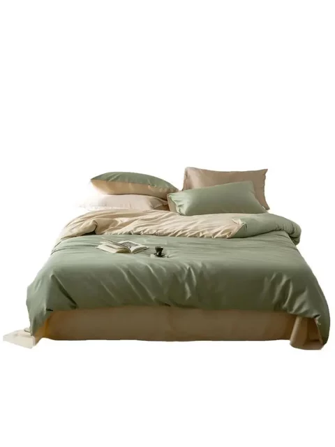 Household solid color tensile four-piece set for summer naked sleeping long velvet cotton sheets and bedding products with skin-friendly ice silk light luxury style