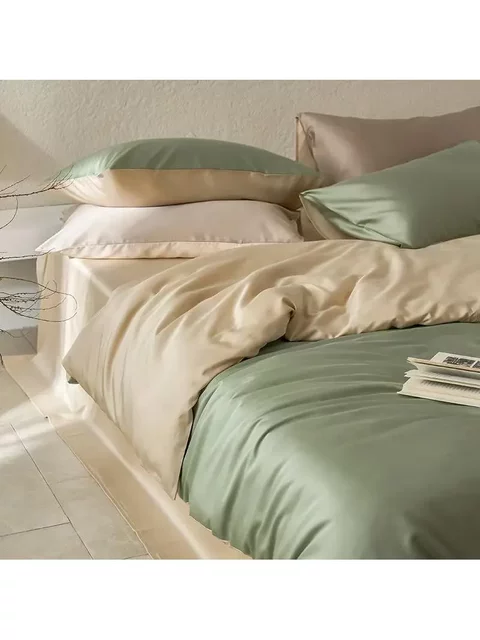 Household solid color tensile four-piece set for summer naked sleeping long velvet cotton sheets and bedding products with skin-friendly ice silk light luxury style