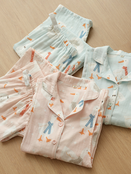 女士双层纱布纯棉月子服 哺乳睡衣 孕期产后宽松家居服套装春秋款 — 2