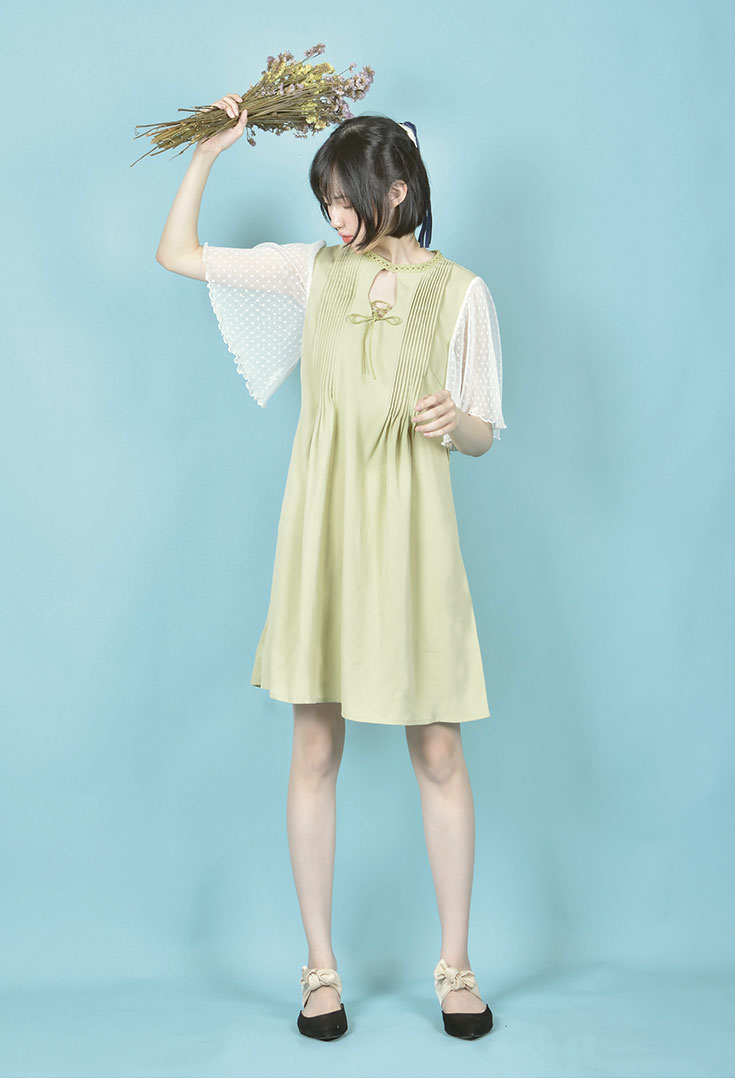 [OSMANTHUS BEAN ORIGINAL] CUIYING RETRO HOLLOW GAUZE SLEEVE FAIRY NATIONAL STYLE SUMMER DRESS AVOCADO GREEN