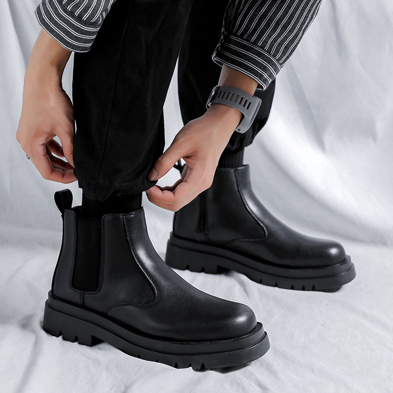 CHELSEA BOOTS MENS LOW-TOP WINTER VERSATILE KOREAN LEATHER ZIPPER BIKE BRITISH STYLE CHIMNEY BOOTS MARTIN BOOTS TRENDY SHOES