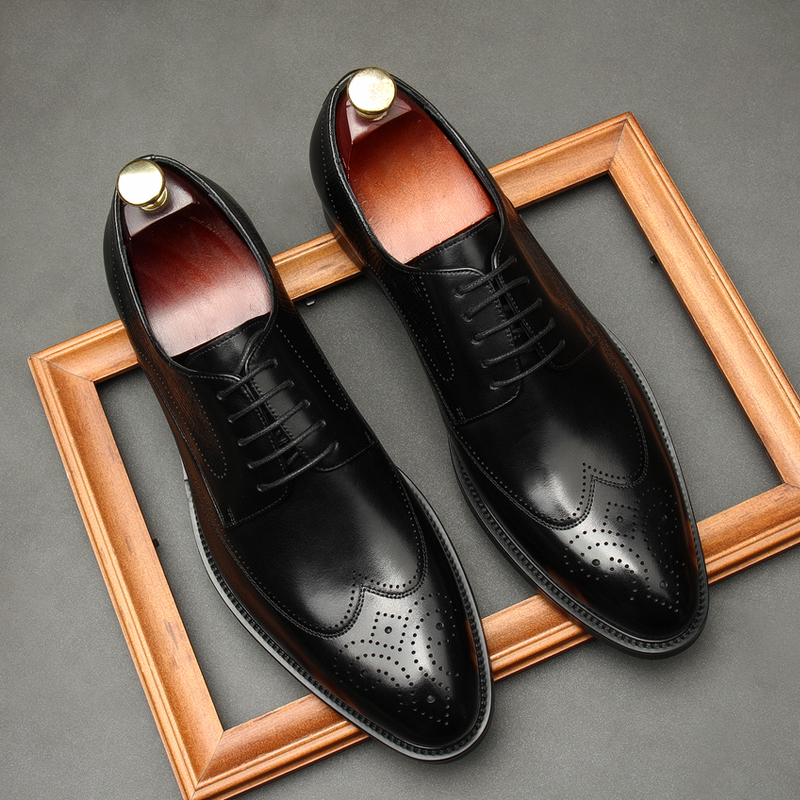 BULLOCK MENS SHOES NEW SPRING TREND MENS POINTED TOE SHOES GENUINE LEATHER SINGLE SHOES BUSINESS FORMAL WEAR WEDDING LEATHER SHOES MEN