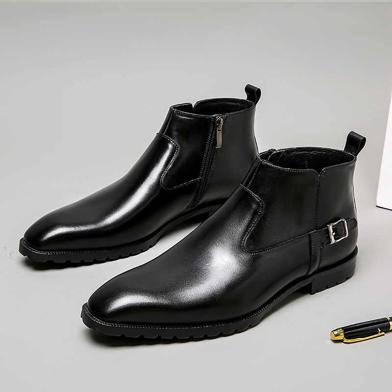 AUTUMN AND WINTER NEW HANDMADE VINTAGE MENS CHELSEA BOOTS POINTED-TOE MARTIN BOOTS MID-HIGH-TOP LEATHER BOOTS BRITISH FASHION BOOTS