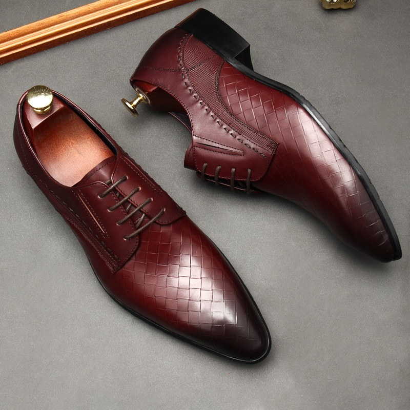 NEW EMBOSSED WOVEN LEATHER SHOES TRENDY BRITISH POINTED TOE MENS FORMAL BLACK SINGLE SHOE TOP COWHIDE BUSINESS SHOES