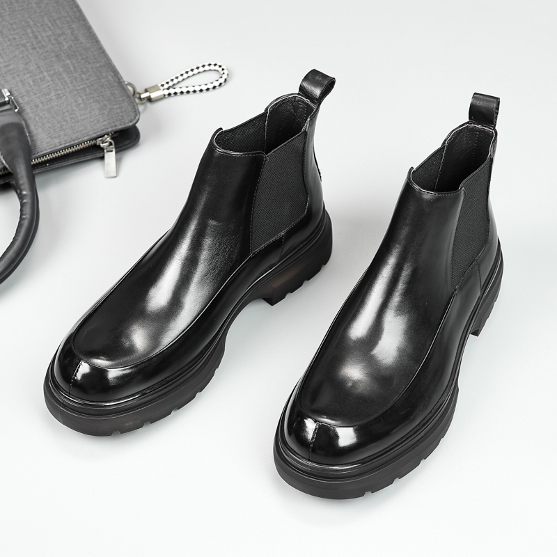 NON-SLIP AND WEAR-RESISTANT PLATFORM SOLED CHELSEA BOOTS MENS TOP COWHIDE MENS HIGH-TOP BRITISH ROUND TOE BOOTIE SLEEVE BUSINESS MENS BOOTS