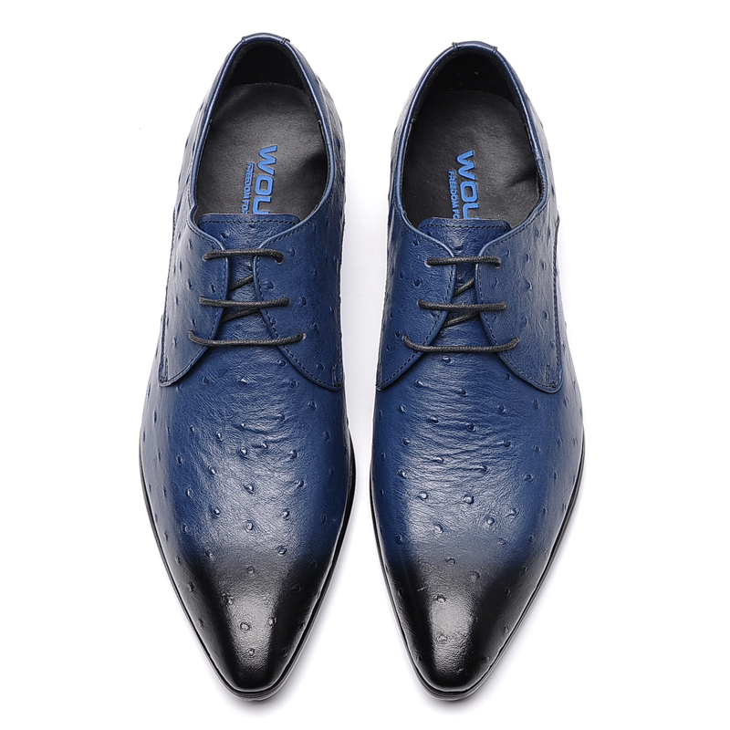 BLUE OSTRICH PATTERN LEATHER SHOES MENS KOREAN VERSION POINTED TOE LEATHER FASHIONABLE CASUAL LEATHER SHOES COWHIDE TRENDY SHOES SINGLE SHOES BREATHABLE