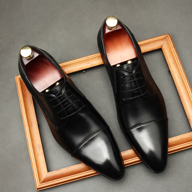 THREE-JOINT 2021 NEW LEATHER MENS SHOES BRITISH POINTED TOE BUSINESS FORMAL WEAR EUROPEAN VERSION LACE-UP WEDDING SHOES LEATHER SHOES TRENDY SHOES