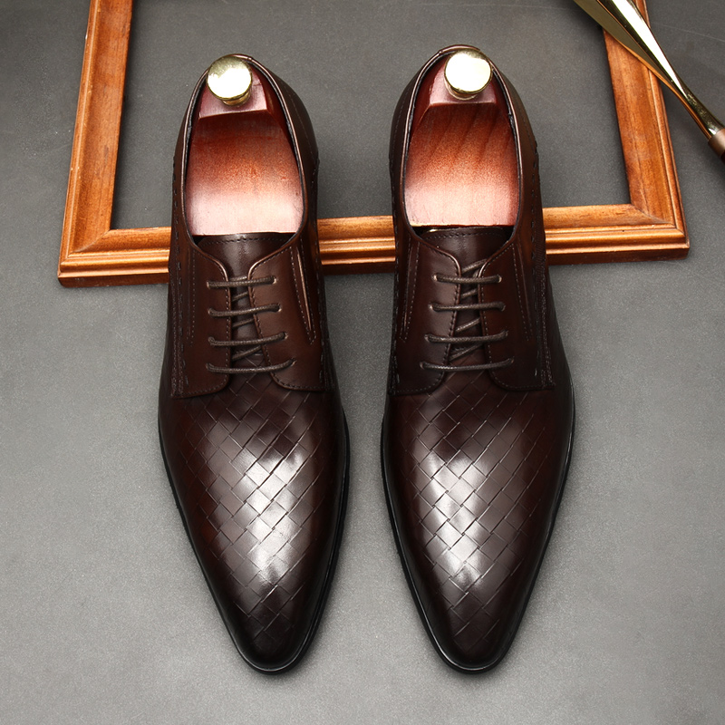 NEW EMBOSSED WOVEN LEATHER SHOES TRENDY BRITISH POINTED TOE MENS FORMAL BLACK SINGLE SHOE TOP COWHIDE BUSINESS SHOES