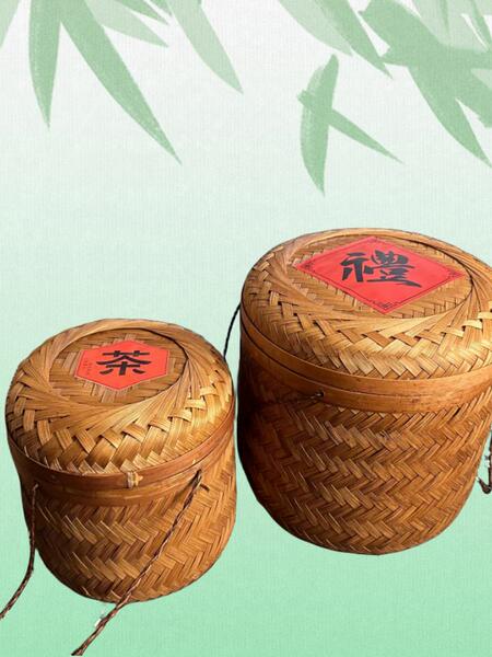 复古竹编茶叶盒白茶黑茶普洱茶茶饼包装六堡茶篓广西竹篮做旧竹篓