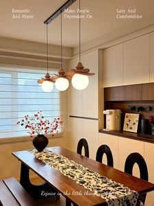 Huayi Lighting Restaurant Chandelier, Mid-Century Style, Nanyang Retro, Natural Wood Dining Table, Raffia Rattan Woven M