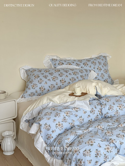 Retro style American pastoral blue floral wash cotton four-piece set lace quilt cover bed cover sheets student three-piece set