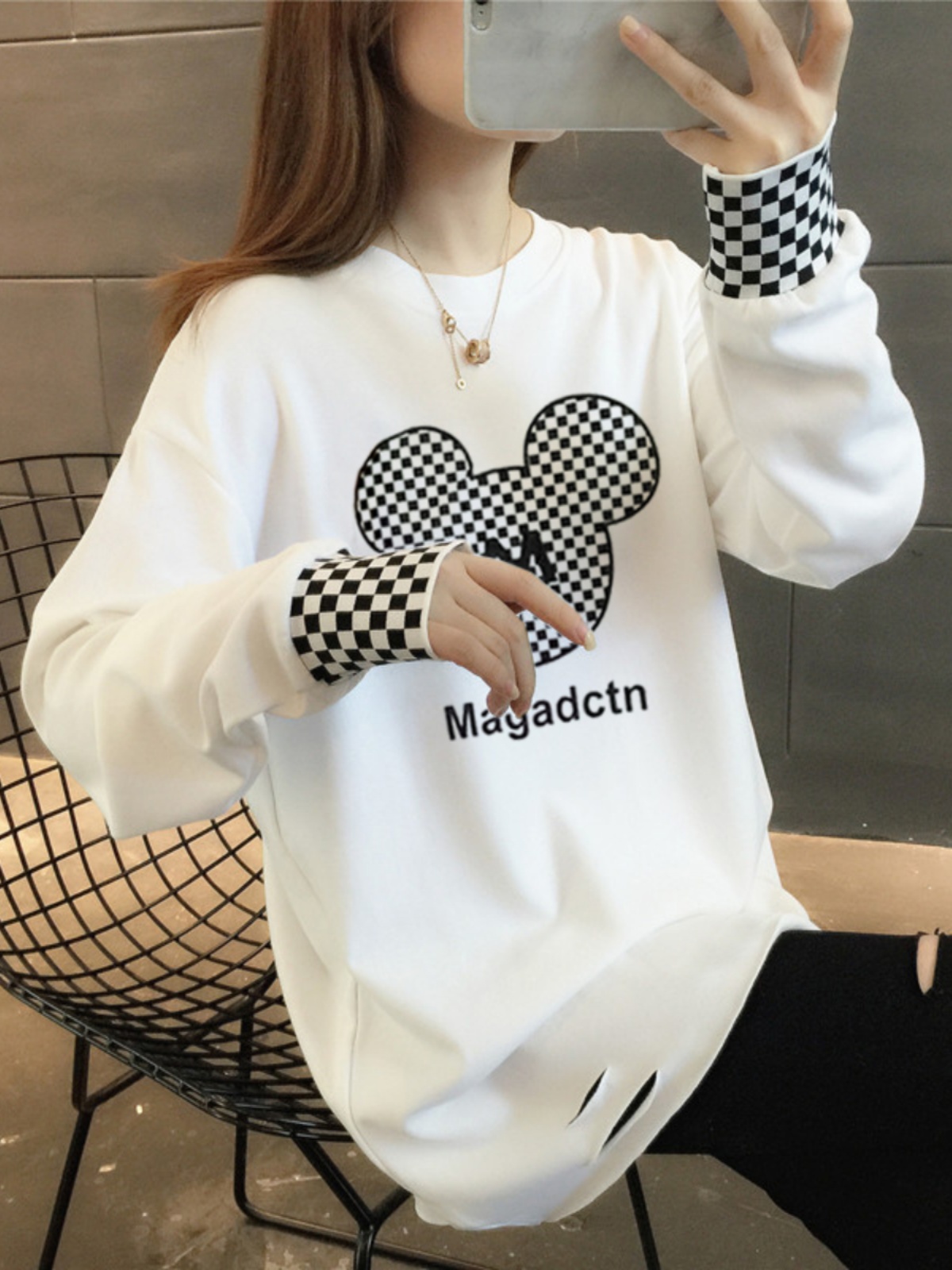 PLUS VELVET | NO VELVET 100% COTTON HOLE MID-LENGTH T-SHIRT WOMENS LARGE SIZE STITCHING LONG-SLEEVED PLAID LOOSE BOTTOMING SHIRT