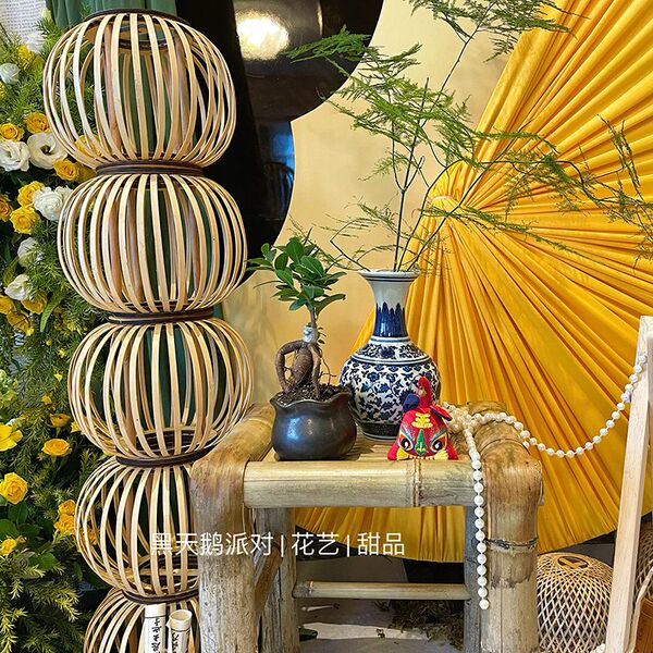 新中式竹编圆形竹木立柱灯笼派对订婚宴周岁礼庆装饰灯笼民宿道具