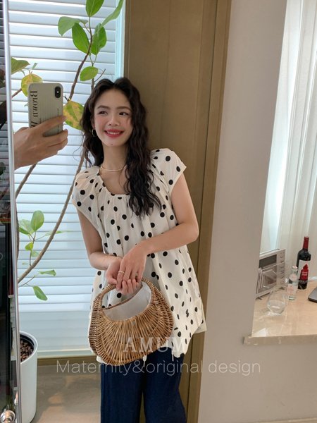 ◆AMUM孕妇装◆夏日随心配~法式波点无袖背心上衣宽松显瘦娃娃衫