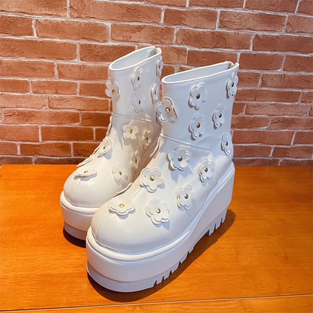 SHU MIAOS HOME REAL SHOT WHITE FLOWER PLATFORM WEDGE BOOTS NEW CUSTOM MARTIN BOOTS WOMENS BOOTS