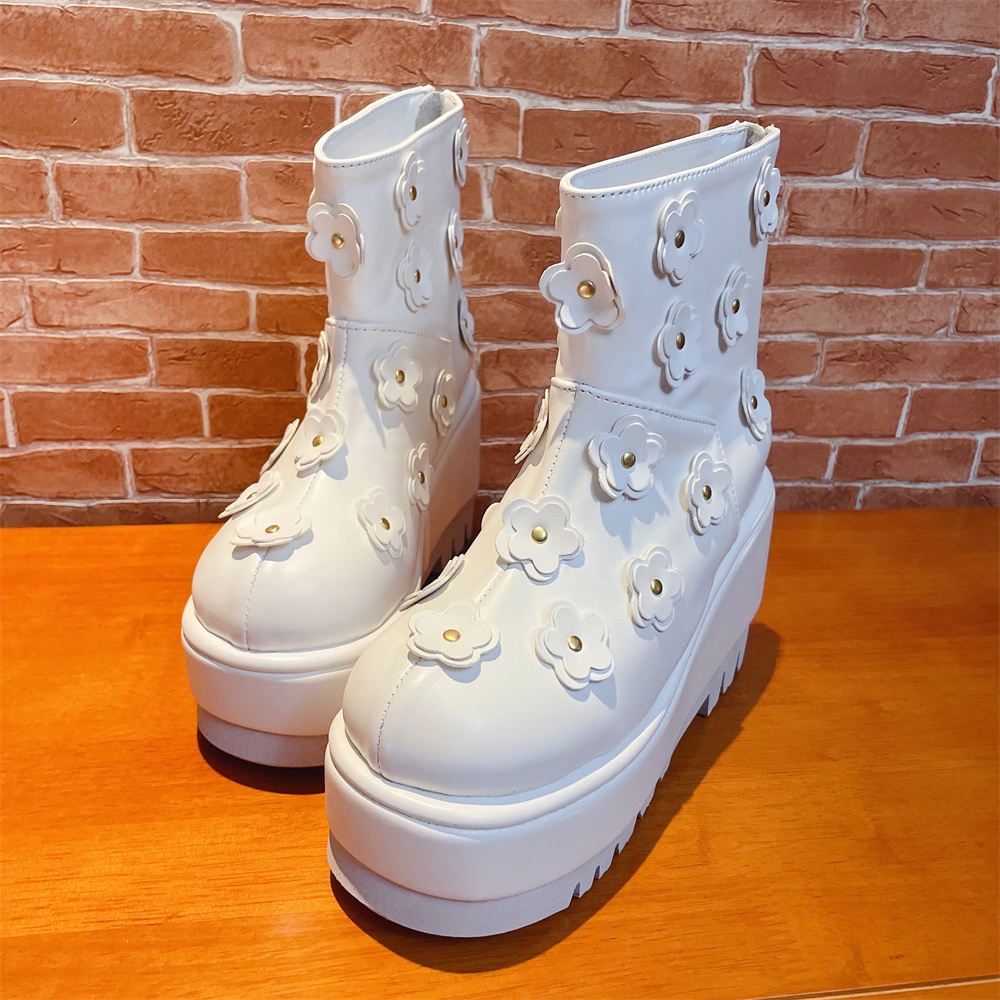 SHU MIAOS HOME REAL SHOT WHITE FLOWER PLATFORM WEDGE BOOTS NEW CUSTOM MARTIN BOOTS WOMENS BOOTS
